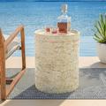 HTYSUPPLY Outdoor Side Table Cylinder Shaped MgO Patio End Table Lightweight Accent Table with Tray Top Round Plant Stand for Garden and Deck Beige