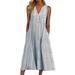 knqrhpse Maxi Dress Sundresses for Women For Women Casual Dress Women Casual Stripe Button Dress V Neck Sleeveless Pocket Elegatn Dress Long Dress Holiday Dress Womens Dresses Grey Dress M