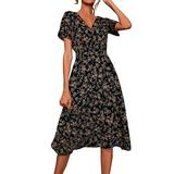 knqrhpse Maxi Dress Beach Dresses for Women Summer Dress Midi Dresses for Women Women The Waist Floral Print Dress Casual Short Sleeved Dress A Line Beach Long Robe Dress Womens Dresses Blue Dress Xl