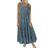 knqrhpse Plus Size Dresses Sundresses for Women Maxi Dress Linen Dress Women Daily Size Maxi Casual Dress Long Loose Plus Floral Print Sleeveless Women s Dress Womens Dresses Blue Dress 4Xl