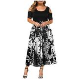 knqrhpse Casual Dresses Summer Dress Plus Size Summer Dresses Printing Casual Plus Dress Strapless Short Size Hollow Women Neck Sleeve Round Women s Dress Womens Dresses Black Dress 5Xl