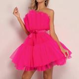 Mortilo Women s Formal Dress Womens Off Shoulder Top Wedding Pleated Mesh Party Mini Dress fall clothes Hot Pink L