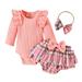 ZHAGHMIN 3Pcs Baby Girls Long Sleeve Ruffles Romper Solid Color Bodysuit Cute Bow Plaid Shorts Headbands Child Autumn Clothes Outfits Set Pink 100