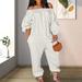 Womens Oversized Jumpsuits Off Shoulder Lantern Sleeve Baggy Overalls Solid Color Tapered Pant Rompers with Pockets