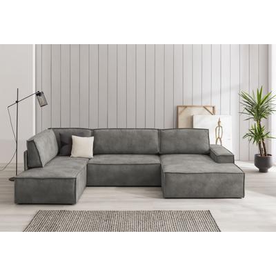Wohnlandschaft HOME AFFAIRE "SHERWOOD 329 cm, U-Form, Schlafsofa", grau (dunkelgrau), B:329cm H:85cm T:195cm, Sofas, Schlaffunktion m. Bettkasten (194x139 cm), Cord, Vintage, Samtvelours Image