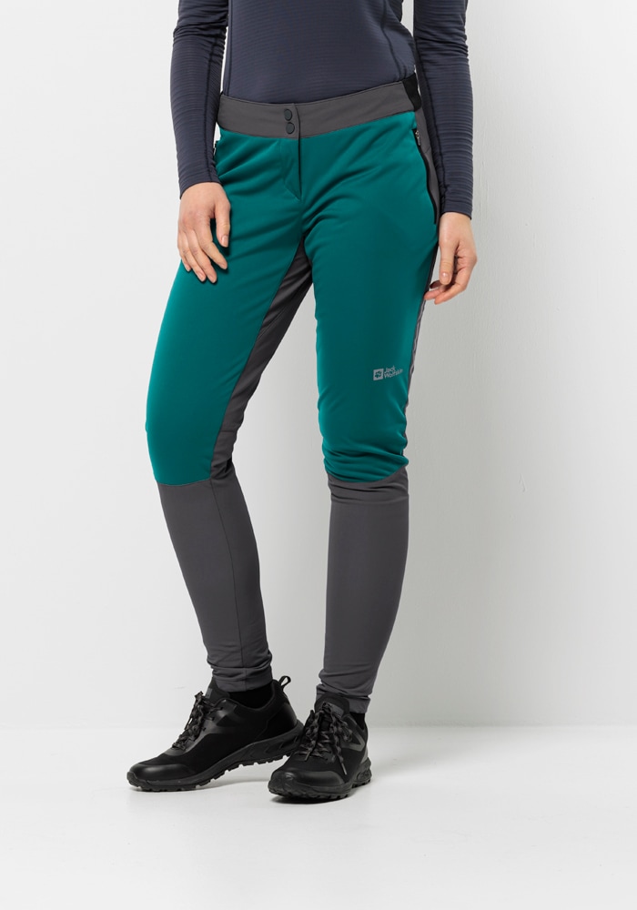 Fahrradhose JACK WOLFSKIN "MOROBBIA PANTS W", Damen, Gr. 42, Normalgrößen, grün (sea, grün), 1. OBERSTOFF 100% POLYESTER 2. OBERSTOFF 91% POLYAMID, 9% ELASTHAN, Hosen Image