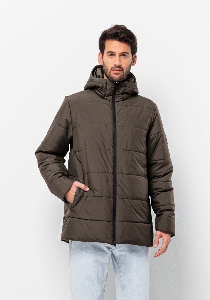 Funktionsjacke JACK WOLFSKIN "DEUTZER LONG JKT M", Herren, Gr. XL (54/56), braun (cold, coffee), Hauptmaterial: 100% Polyester (recycled); Futter: 100% Polyester (recycled); Füllung: 100% Polyester (recycled), Jacken Funktionsjacke