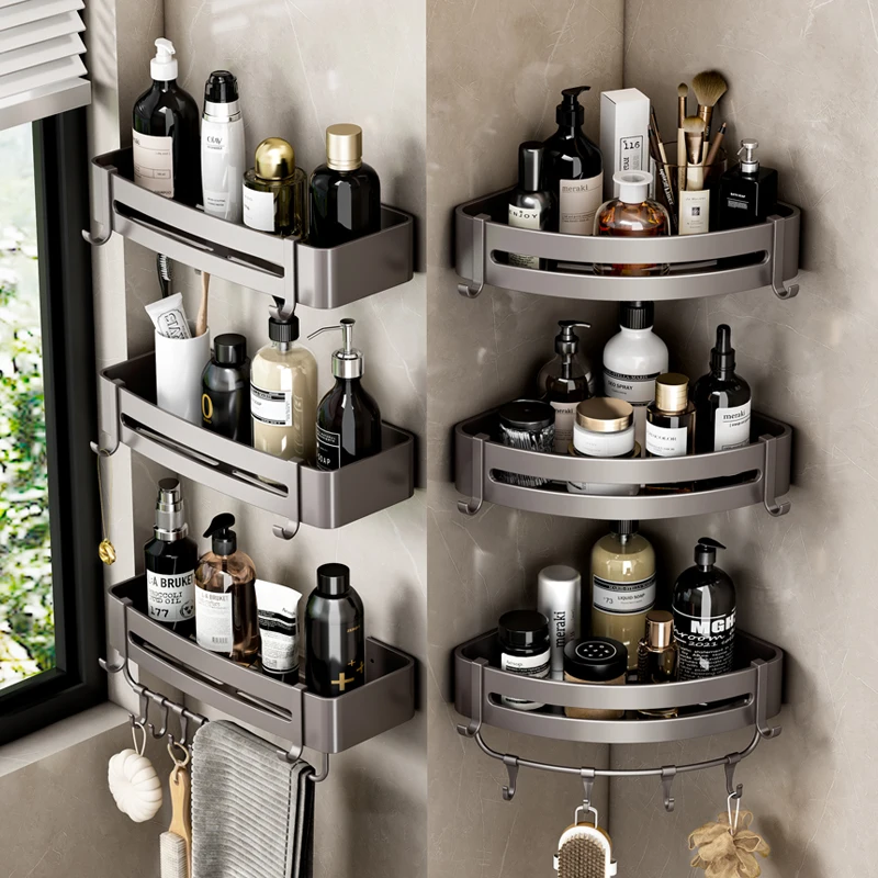 Étagère murale en aluminium sans perçage au-dessus des toilettes, organisateur de salle de bains, support de rangement de shampoing, accessoires de salle de bains et de cuisine