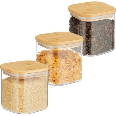 Vorratsgläser mit Bambusdeckel, 3er Set, eckige Vorratsdosen aus Glas, 600 ml, luftdicht, Image