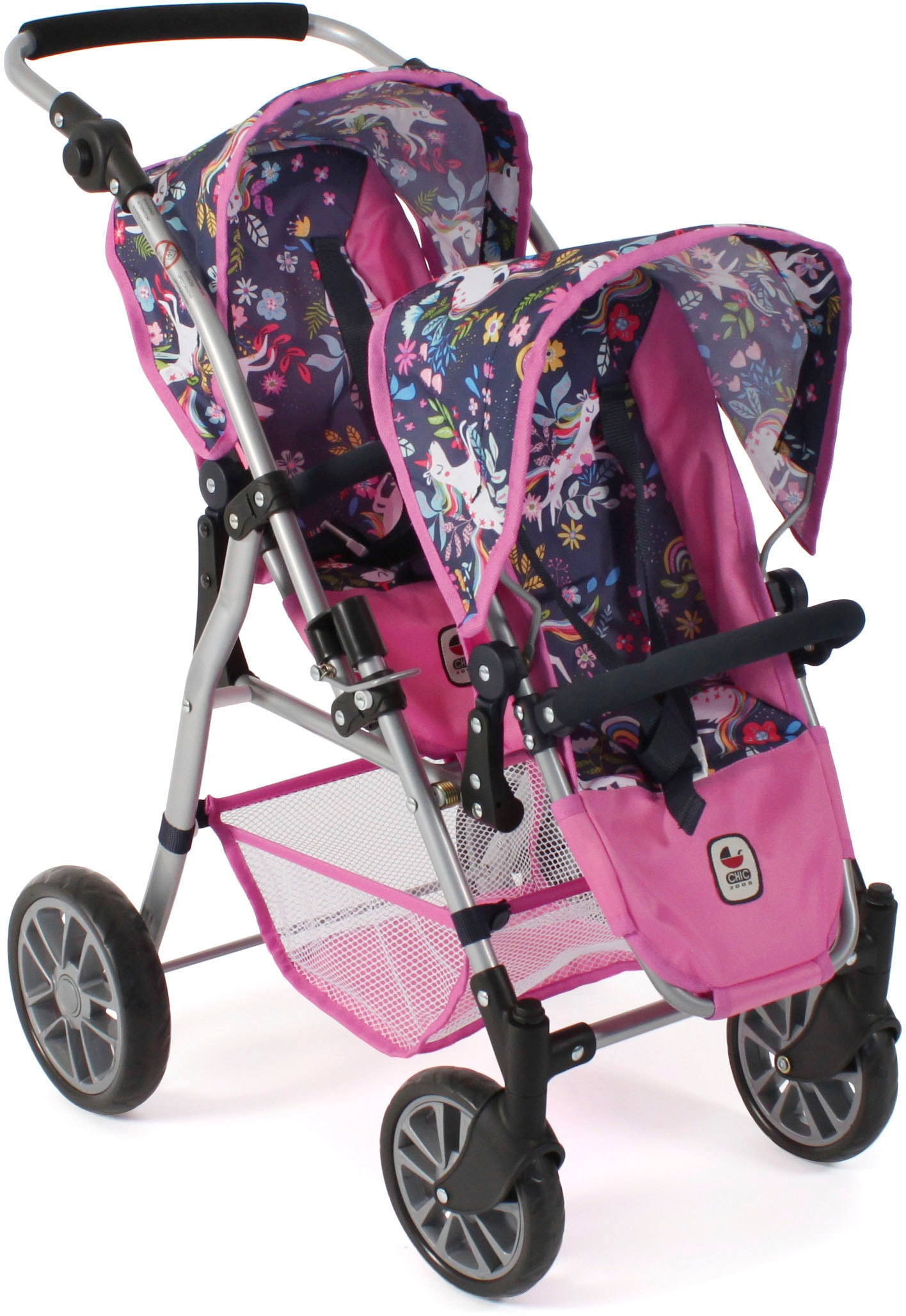Puppen-Zwillingsbuggy CHIC2000 "Twinny, Einhorn", blau (einhorn), Puppenwagen, KinderB:63cm H:77cm T:63cm, Kunststoff, Metall, Stoff, mit schwenkbaren Vorderrädern, B:63cm H:77cm T:63cm