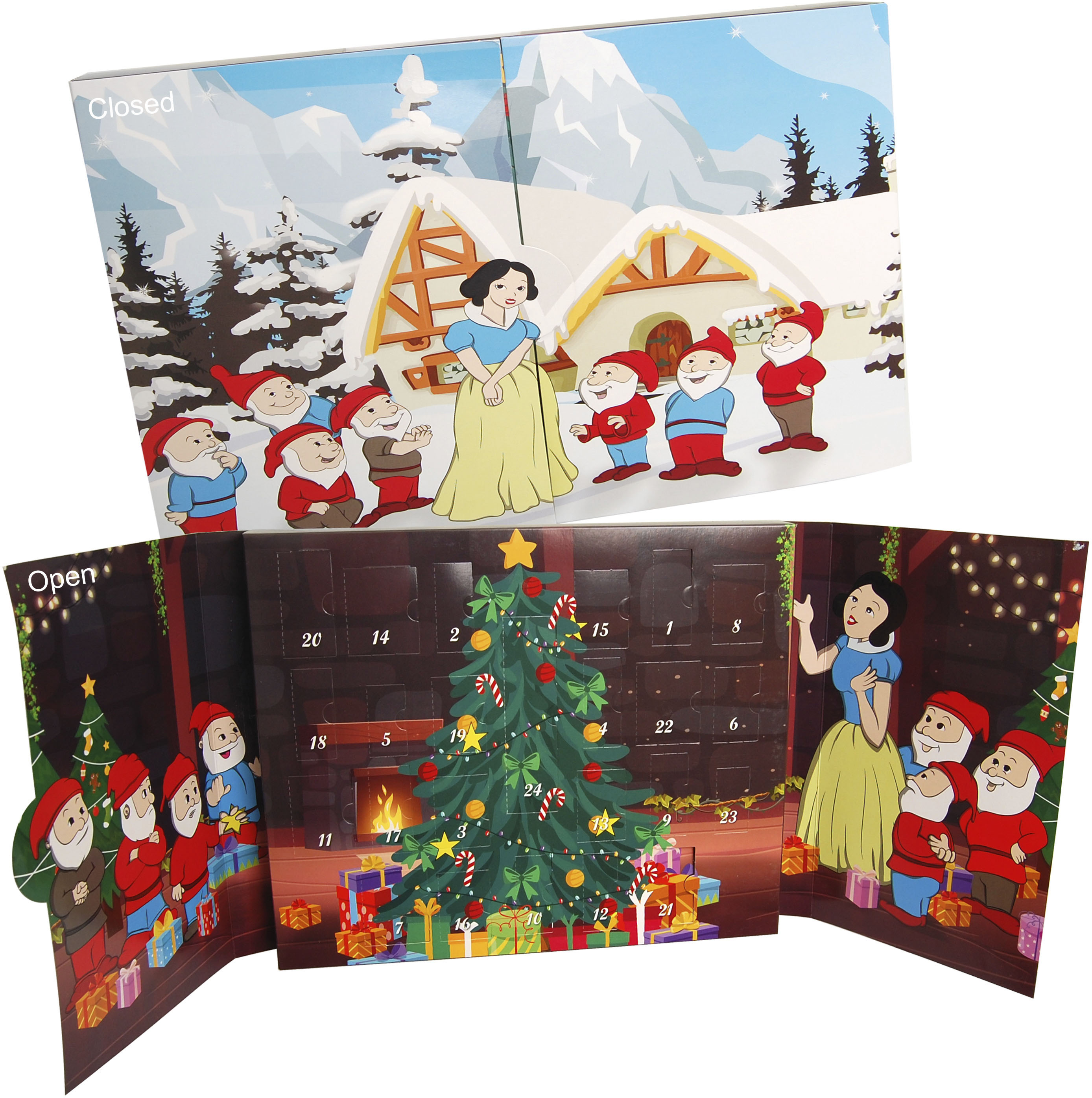 Adventskalender KREBS GLAS LAUSCHA "Schneewittchen und die sieben Zwerge, Weihnachtsdeko", bunt, B:39cm H:31cm T:4,5cm, Glas, Adventskalender, Mini Märchen Adventskalender mit Christbaumschmuck Image