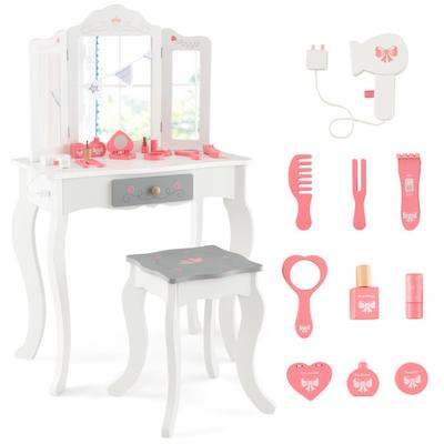 Costway Kids Vanity Set with Tri-folding Mirror-White
