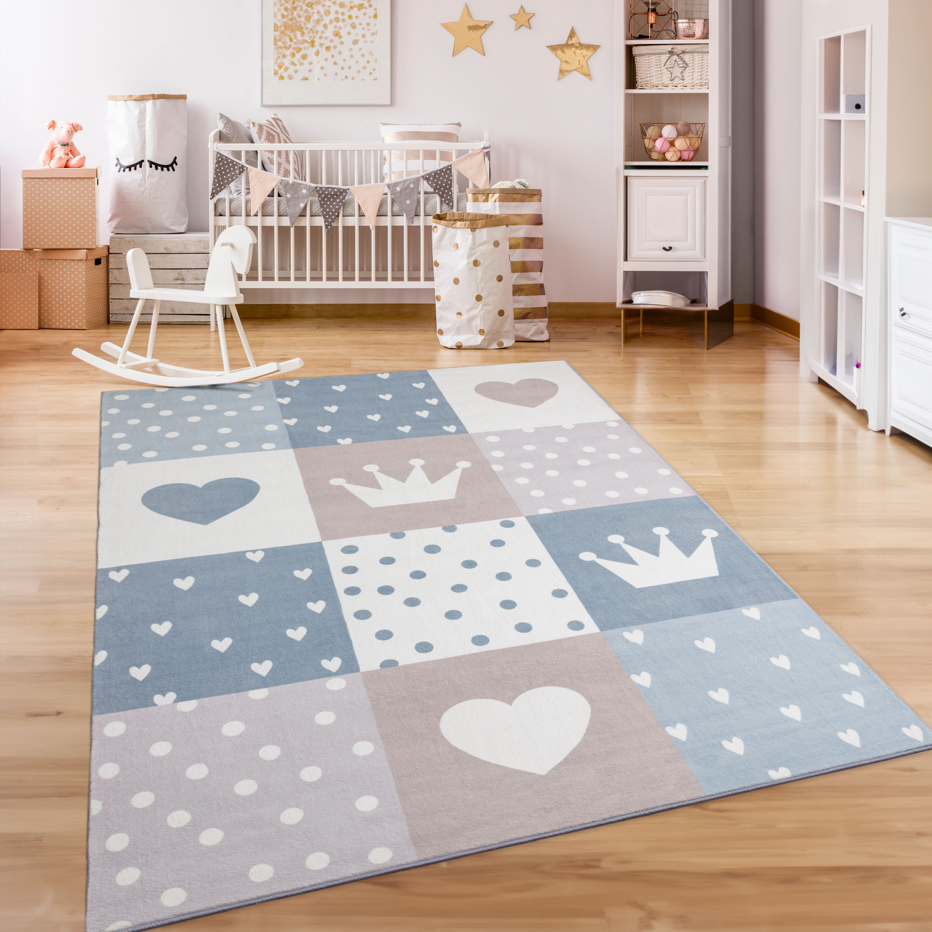 Kinderteppich PACO HOME "Eliz 391", beige, B:160cm H:12mm L:220cm, Polyester, Teppiche, Kurzflor, Spielteppich, Patchwork-Muster, Motiv Krone, Herz & Punkte Image