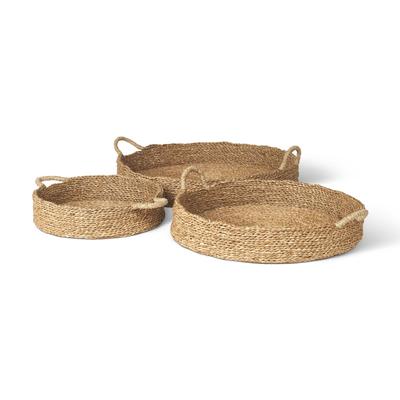 Ulana Brown Seagrass Round Nesting Trays With Handles (Set of 3) - 26.4L x 26.4W x 3.9H