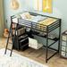 Twin Size Metal&Wood Loft Bed with Desk and Shelves, Two Built-in Drawers