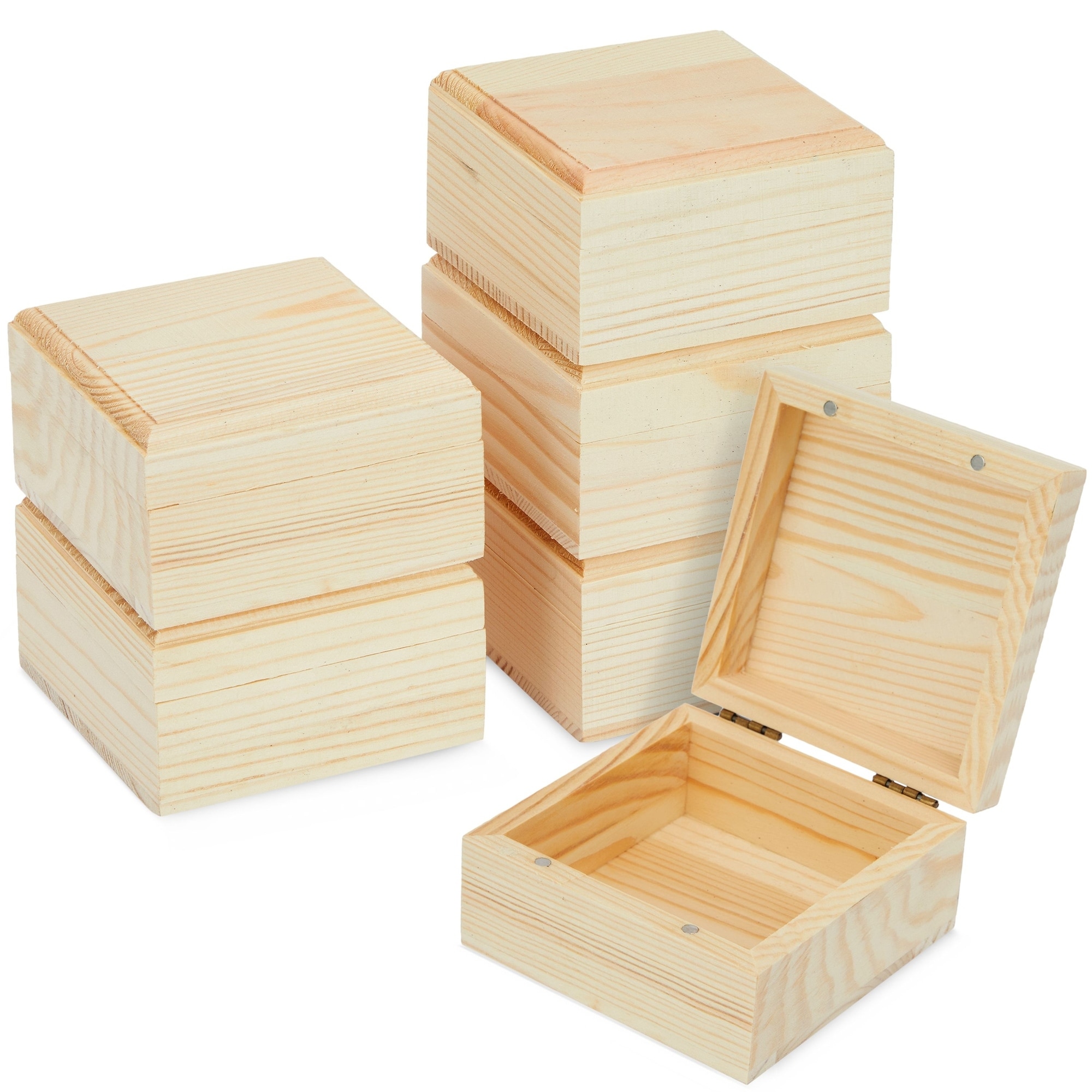 6 Pack Unfinished Wooden Boxes with Hinged Lids, Pinewood Magnetic Wood Box for Crafts, 3.5 x 3.5 x 2 In