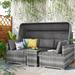 5 Pcs Outdoor Sectional Patio Rattan Daybed, PE Wicker Conversation Furniture Set w/ Canopy and Tempered Glass Side Table