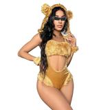 Women Fur Cat Costume Cutout Backless Babydoll Sexy Lingerie Hooded Bodysuit Cosplay Nightwear