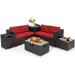 Costway 6 Pieces Outdoor Wicker Furniture Set with 32 Inch Propane Fire Pit Table-Red