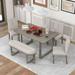 6Pcs Dining Set with Dining Table, 4 Upholstered Dining Chairs & Bench, Light Khaki+Beige