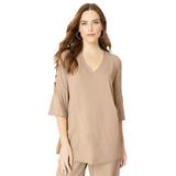 Plus Size Women's Embellished Lattice-Sleeve Ultrasmooth® Fabric Top by Roaman's in New Khaki Sparkle (Size 30/32)