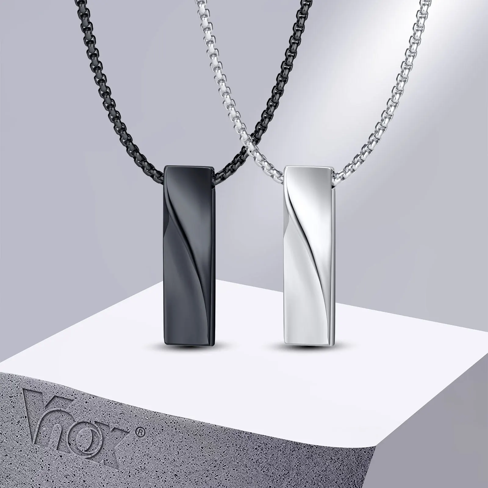Vnox Kleine Mobius-Bar-Halsketten für Männer und Frauen, Unisex, schwarzer Edelstahl, 3D-Vertikal-Bar-Anhänger, lässiger Kragen Image