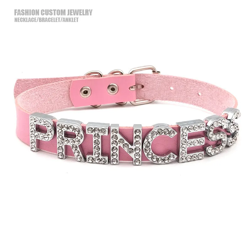 Rosa Pu-Leder Daddys Prinzessin Halsband Strass Buchstaben individuelle Namen Halsketten für Frauen Männer personalisierte Sexy Schmuck
