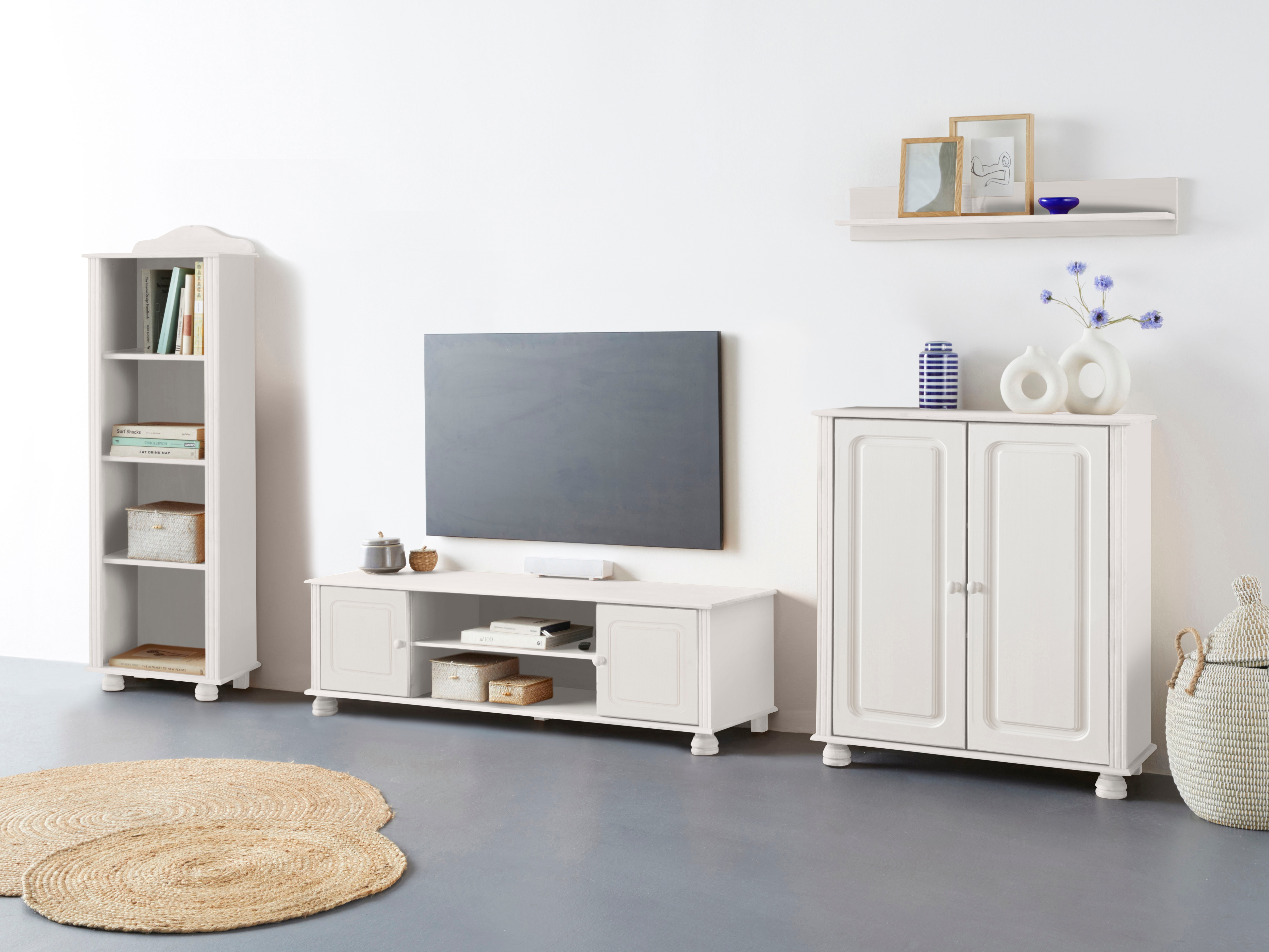 Wohnwand HOME AFFAIRE "Mette", weiß, Massivholz, Kastenmöbel-Sets, Wohnwand, 1 Midischrank, 1 Bücherregal und 1 Lowboard ohne Wandboard