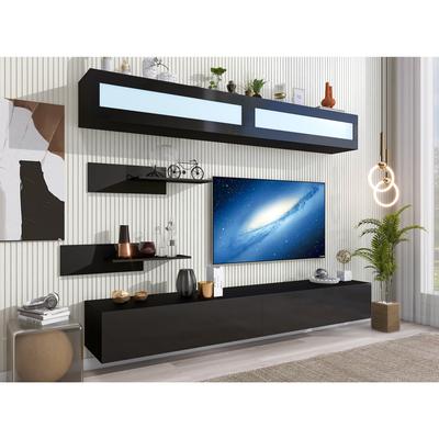 Black Modern Wall Mounted Floating Entertainment Center with Storage Cabinets, Shelves, and LED Lights (Up to 95+ Inch TV)