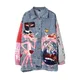 Spring Autumn Women Fashion Sequins Cartoon Leopard Denim Jackets Loose Lady Streetwear Coats Chic