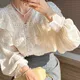 Vintage Französisch Frauen Shirts Spitze Lolita Elegante Langarm Volant Bluse Hohe Qualität Büro