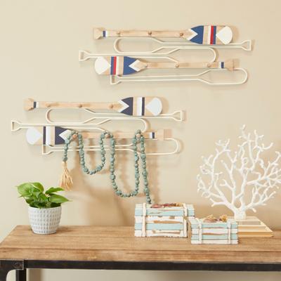 Light Brown Wood 12 Hangers Paddle Wall Hook with Stripe Patterns (Set of 2)