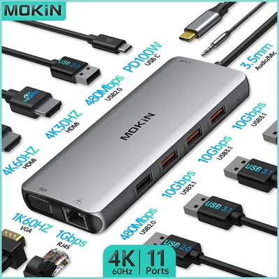 Station d'accueil USB C MOKiN 11-en-1 4K 60Hz | Double HDMI VGA USB 3.1 RJ45 PD 100W pour
