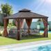 12ft x 12ft Outdoor Gazebo with Dual-Track Nettings & Curtains, Patio Steel Canopy Gazebo with Double-Roof Hard Top,Bronze