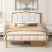 Modern Full Size Upholstered Bed Frame with Tufted Headboard, Golden Metal Platform Bed Frame with Wood Slat Support