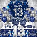 13th Birthday Decorations for Boys and Girls, 131 PCS Navy Blue Silver 13th Birthday Party Supplies Includes Blue Happy 13th Birthday Banner Balloons Napkins Cups Tablecloth Plates Foil Backdrops for