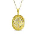 Vintage Antique Style Hallow Oval Essential Oil Diffuser Love Heart and Clover Flower Locket Necklace Gold Plated .925 Sterling Silver For Women Teen