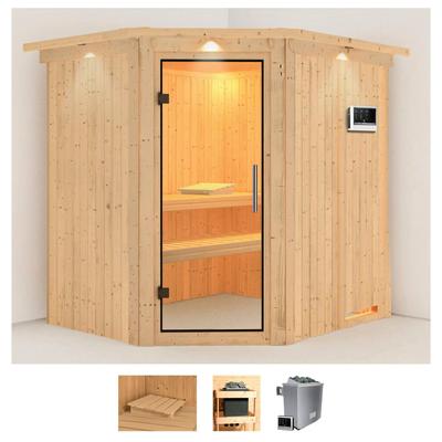 Sauna KARIBU "Siirin", beige (naturbelassen), Saunaofen, externe Steuerung, 9 kW, Saunen, 9 KW-Ofen mit externer Steuerung