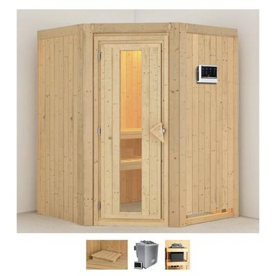 Sauna KARIBU "Larin", beige (naturbelassen), Bio-Kombiofen, externe Steuerung, 9 kW, Saunen, 9 KW-Bio-Ofen mit externer Steuerung