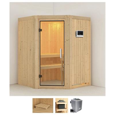 Sauna KARIBU "Larin", beige (naturbelassen), Bio-Kombiofen, externe Steuerung, 9 kW, Saunen, 9 KW-Bio-Ofen mit externer Steuerung