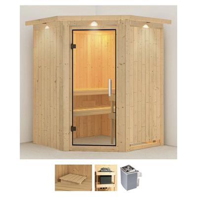 Sauna KARIBU "Larin", beige (naturbelassen), Saunaofen, integrierte Steuerung, 9 kW, Saunen, 9 KW-Ofen mit integrierter Steuerung