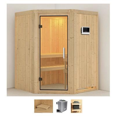 Sauna KARIBU "Larin", beige (naturbelassen), Saunaofen, externe Steuerung, 9 kW, Saunen, 9 KW-Ofen mit externer Steuerung