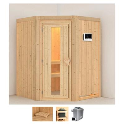 Sauna KARIBU "Larin", beige (naturbelassen), Saunaofen, externe Steuerung, 9 kW, Saunen, 9 KW-Ofen mit externer Steuerung