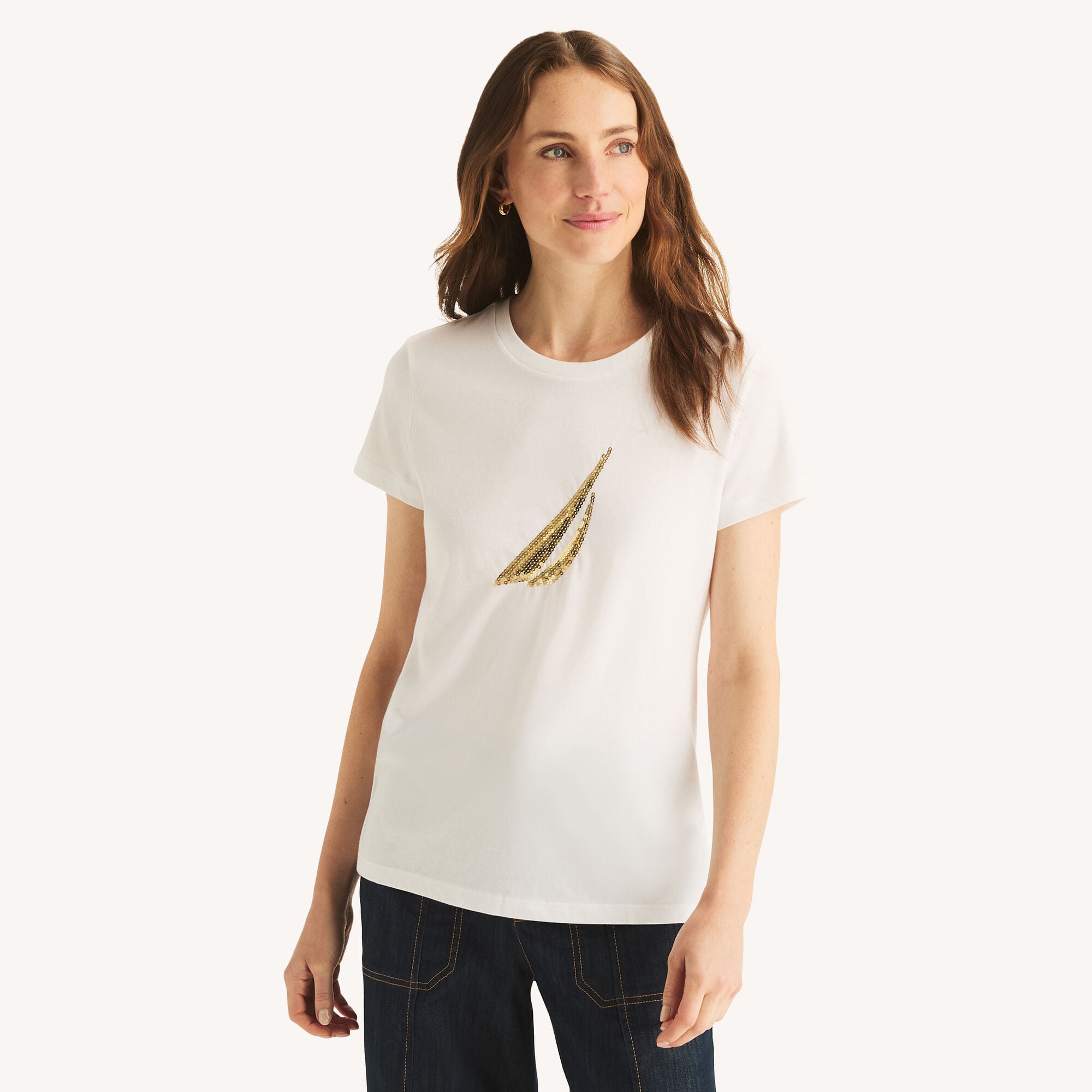 Nautica Women's Sequin Logo Graphic T-Shirt 101 (Bright White), M