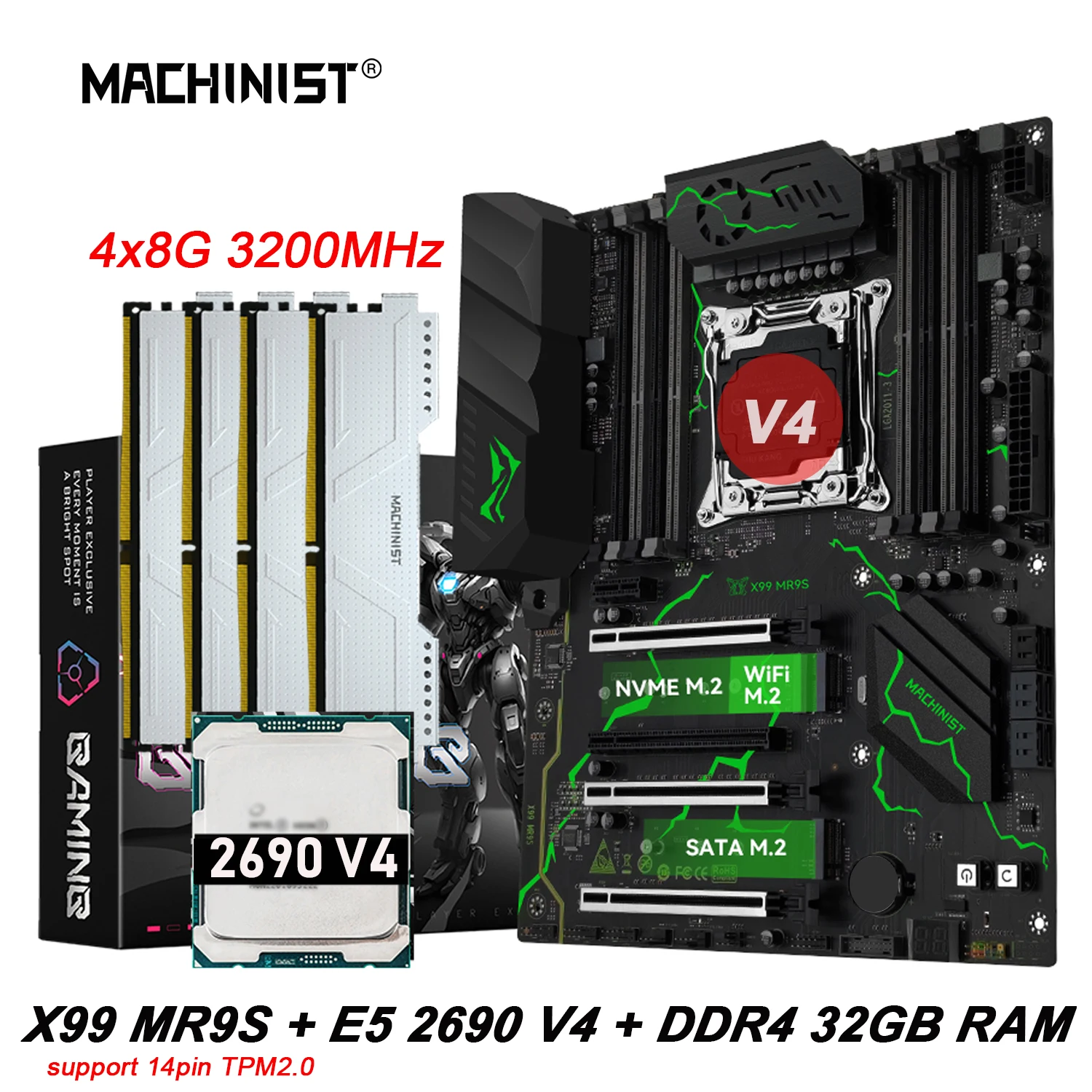 MACHINIST X99 MR9S TPM2.0 Motherboard-Kit LGA2011-3 Xeon E5 2690 V4 CPU mit 32 GB DDR4 3200 MHz 4 Kanäle NVME M.2 ATX USB3.0 Image