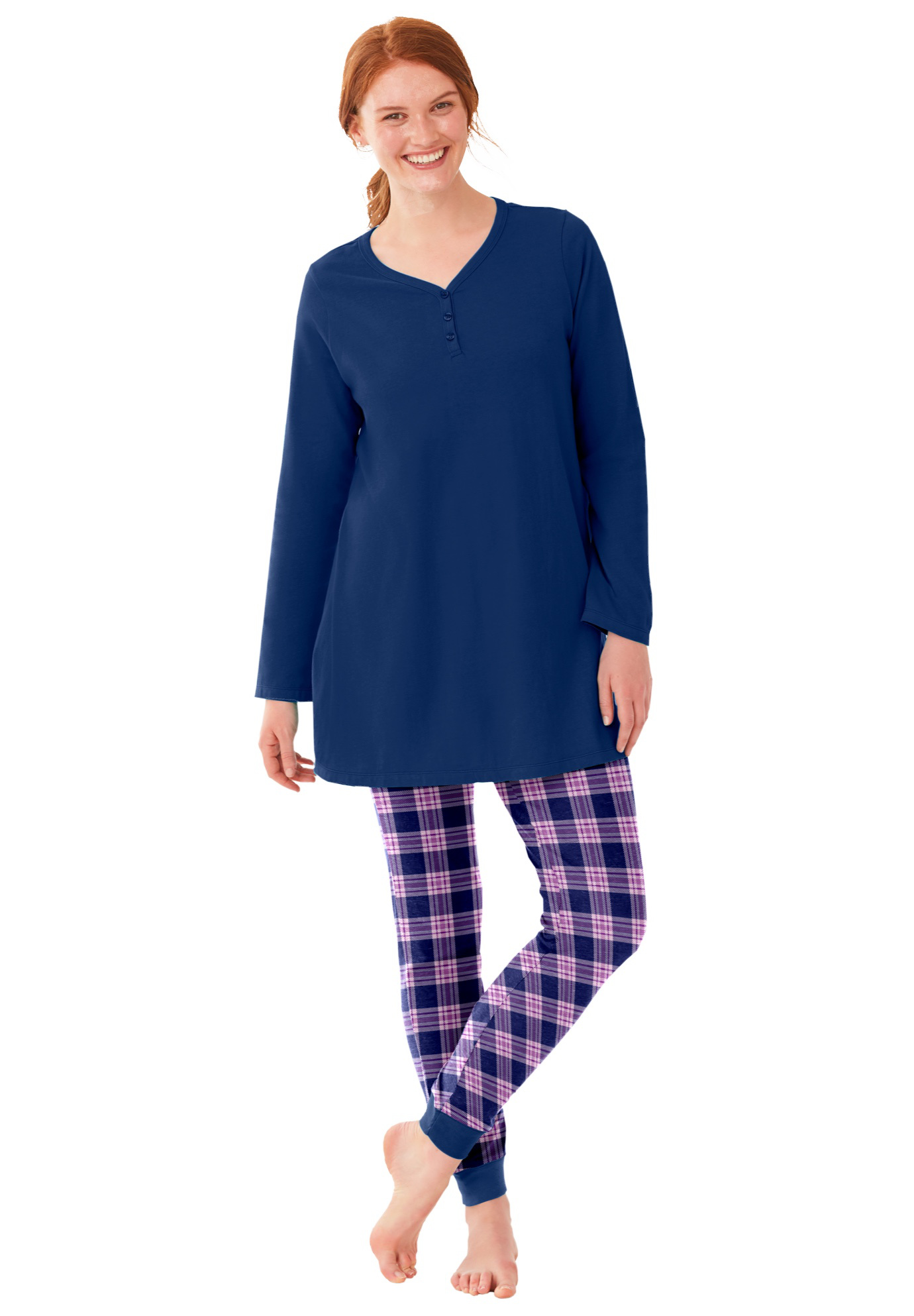 Plus Size Women's Henley Tunic & Jogger PJ Set by Only Necessities in Evening Blue Pink Plaid (Size 18/20)