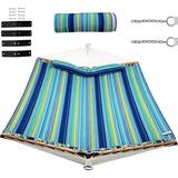 Hammock Swing Camping Hammock For Stand With Spreader Bar Detachable Pillow Hand Woven Cotton Ropes Outdoor Hammocks For Patio Backyard Poolside(Hammock Without Stand) (Blue Green)