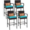 Bar Stools Set Of 4 With Back Rest Pillow 4 Piece Wicker Bar Stools Rattan Chairs Patio Bar Chair With Arms Cushion Turquoise All-Weather Wicker Patio Furniture - Steel Brown