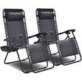 2 PCS Chair Patio Chaise Lounge Chairs Outdoor Yard Pool Recliner Folding Lounge Chair With Cup Holder (Black)