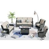 Ovios 6 Pieces Outdoor Patio Furniture with Rectangle Fire Pit Table Wicker Patio Sectional Sofa with Swivel Chairs for Backyard